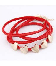 Golden Peach Hearts Decorations Leather Bracelet - Red