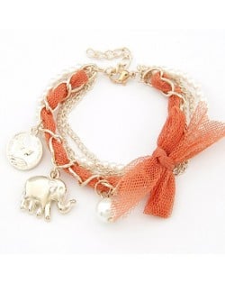 Lace Bowknot Coin and Elephant Pendants Fashion Bracelet - Orange