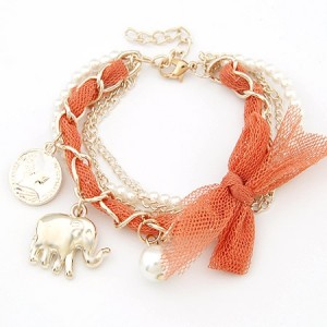 Lace Bowknot Coin and Elephant Pendants Fashion Bracelet - Orange