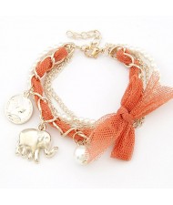 Lace Bowknot Coin and Elephant Pendants Fashion Bracelet - Orange