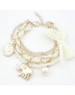 Lace Bowknot Coin and Elephant Pendants Fashion Bracelet - White