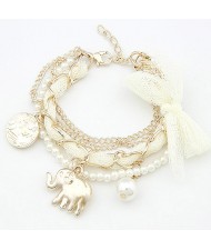 Lace Bowknot Coin and Elephant Pendants Fashion Bracelet - White