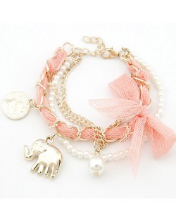 Lace Bowknot Coin and Elephant Pendants Fashion Bracelet - Pink