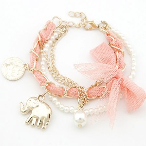 Lace Bowknot Coin and Elephant Pendants Fashion Bracelet - Pink