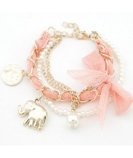 Lace Bowknot Coin and Elephant Pendants Fashion Bracelet - Pink