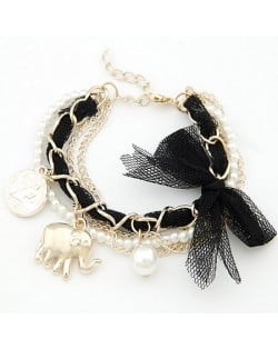 Lace Bowknot Coin and Elephant Pendants Fashion Bracelet - Black