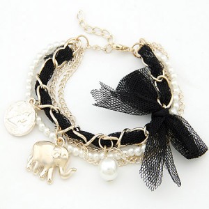 Lace Bowknot Coin and Elephant Pendants Fashion Bracelet - Black