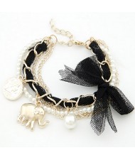 Lace Bowknot Coin and Elephant Pendants Fashion Bracelet - Black