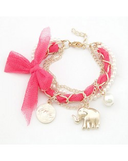 Lace Bowknot Coin and Elephant Pendants Fashion Bracelet - Rose