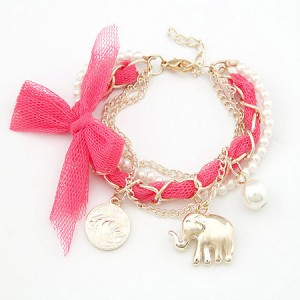 Lace Bowknot Coin and Elephant Pendants Fashion Bracelet - Rose
