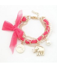 Lace Bowknot Coin and Elephant Pendants Fashion Bracelet - Rose