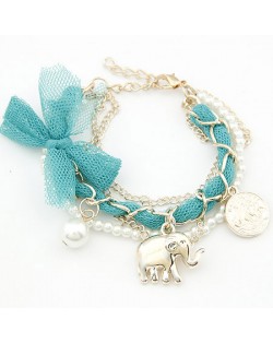 Lace Bowknot Coin and Elephant Pendants Fashion Bracelet - Green