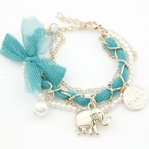 Lace Bowknot Coin and Elephant Pendants Fashion Bracelet - Green