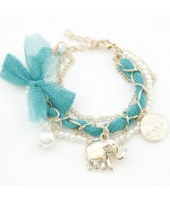 Lace Bowknot Coin and Elephant Pendants Fashion Bracelet - Green