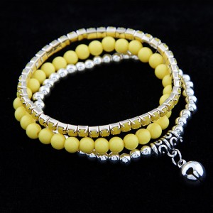 Ethnic Fashion Multiple Layer Assorted Beads with Bell Pendant Bracelet - Yellow