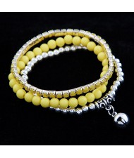 Ethnic Fashion Multiple Layer Assorted Beads with Bell Pendant Bracelet - Yellow