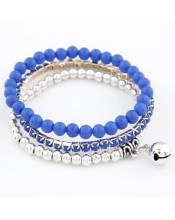 Ethnic Fashion Multiple Layer Assorted Beads with Bell Pendant Bracelet - Blue