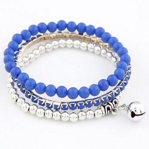 Ethnic Fashion Multiple Layer Assorted Beads with Bell Pendant Bracelet - Blue