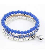 Ethnic Fashion Multiple Layer Assorted Beads with Bell Pendant Bracelet - Blue