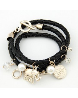 Korean Fashion Assorted Elephant Coin and Pearl Pendants Bracelet - Black