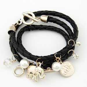 Korean Fashion Assorted Elephant Coin and Pearl Pendants Bracelet - Black