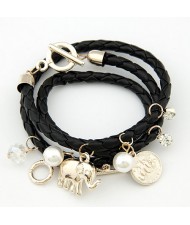 Korean Fashion Assorted Elephant Coin and Pearl Pendants Bracelet - Black