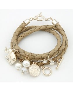 Korean Fashion Assorted Elephant Coin and Pearl Pendants Bracelet - Beige