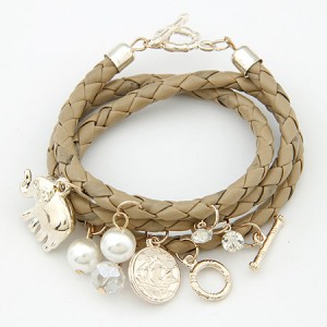 Korean Fashion Assorted Elephant Coin and Pearl Pendants Bracelet - Beige