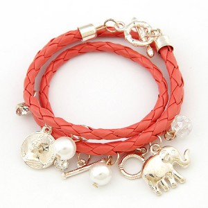 Korean Fashion Assorted Elephant Coin and Pearl Pendants Bracelet - Red