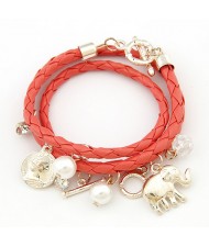 Korean Fashion Assorted Elephant Coin and Pearl Pendants Bracelet - Red