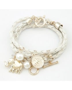 Korean Fashion Assorted Elephant Coin and Pearl Pendants Bracelet - White