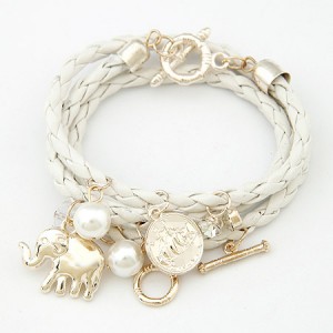 Korean Fashion Assorted Elephant Coin and Pearl Pendants Bracelet - White