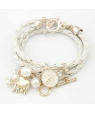 Korean Fashion Assorted Elephant Coin and Pearl Pendants Bracelet - White