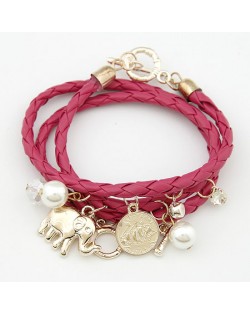Korean Fashion Assorted Elephant Coin and Pearl Pendants Bracelet - Fuchsia