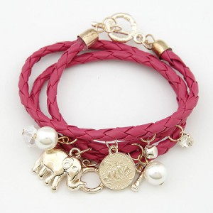 Korean Fashion Assorted Elephant Coin and Pearl Pendants Bracelet - Fuchsia
