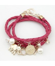 Korean Fashion Assorted Elephant Coin and Pearl Pendants Bracelet - Fuchsia