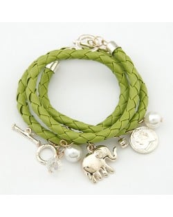Korean Fashion Assorted Elephant Coin and Pearl Pendants Bracelet - Olive