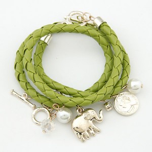 Korean Fashion Assorted Elephant Coin and Pearl Pendants Bracelet - Olive