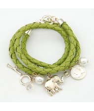 Korean Fashion Assorted Elephant Coin and Pearl Pendants Bracelet - Olive