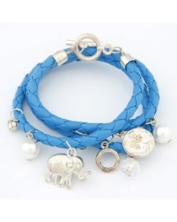 Korean Fashion Assorted Elephant Coin and Pearl Pendants Bracelet - Blue