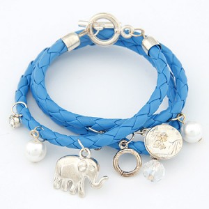 Korean Fashion Assorted Elephant Coin and Pearl Pendants Bracelet - Blue