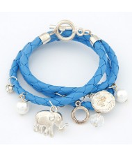 Korean Fashion Assorted Elephant Coin and Pearl Pendants Bracelet - Blue
