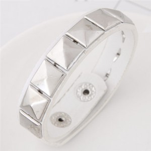 Korean Fashion Square Rivets Embedded Leather Bangle - White