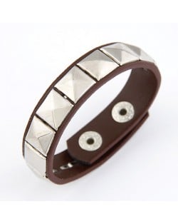 Korean Fashion Square Rivets Embedded Leather Bangle - Coffee