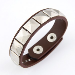 Korean Fashion Square Rivets Embedded Leather Bangle - Coffee