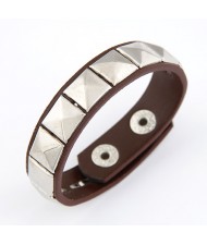 Korean Fashion Square Rivets Embedded Leather Bangle - Coffee