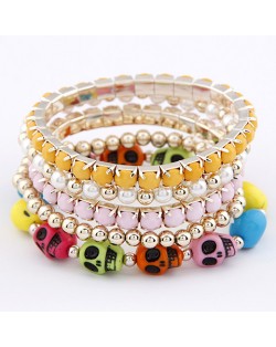 Colorful Skulls Gem and Beads Design Combo Bracelet - Pink with Yellow