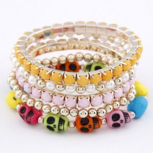 Colorful Skulls Gem and Beads Design Combo Bracelet - Pink with Yellow