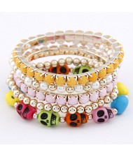 Colorful Skulls Gem and Beads Design Combo Bracelet - Pink with Yellow