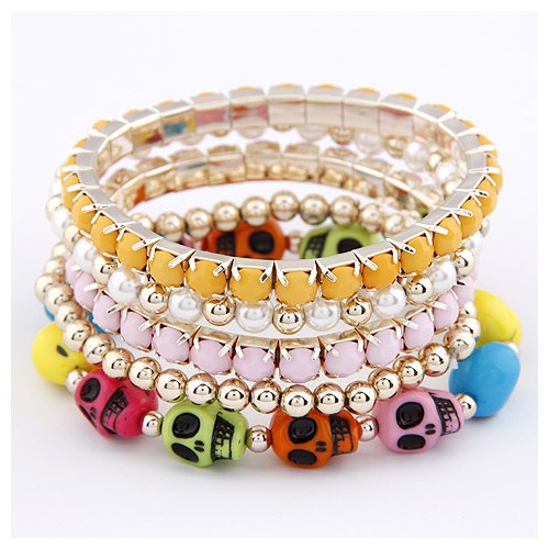 Colorful Skulls Gem and Beads Design Combo Bracelet - Pink with Yellow